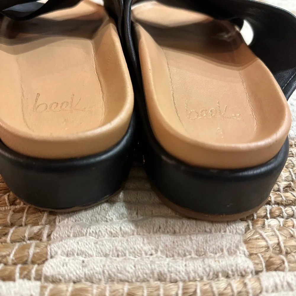 beek Black Leather Crossband Slide Sandals with Tan Footbed